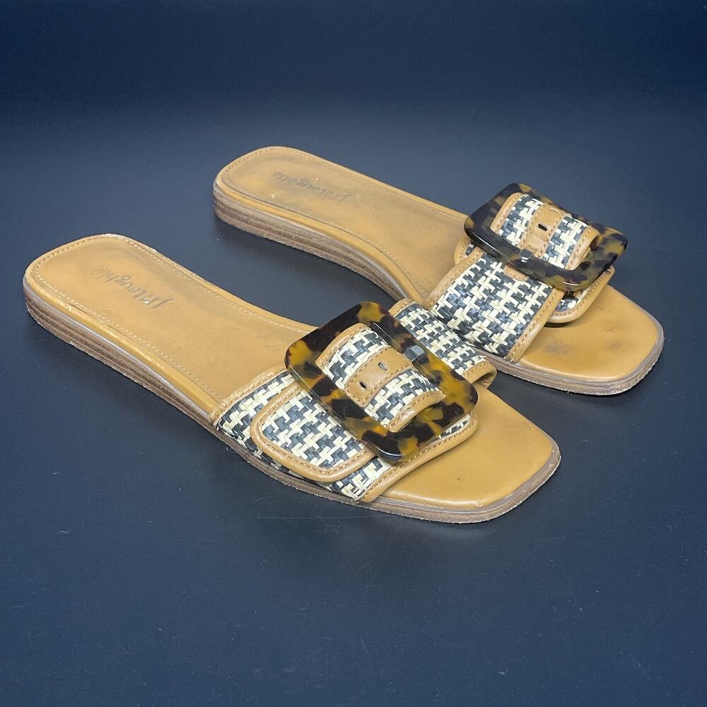 J McLaughlin Womens 8.5 Alaia Slide Sandals Leather Raffia Tortoise Buckle Flats